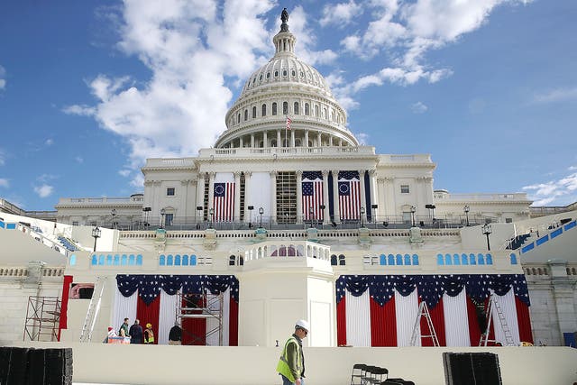 The stage is prepared ahead of the presidential inauguration at the US Capitol in Washington DC
