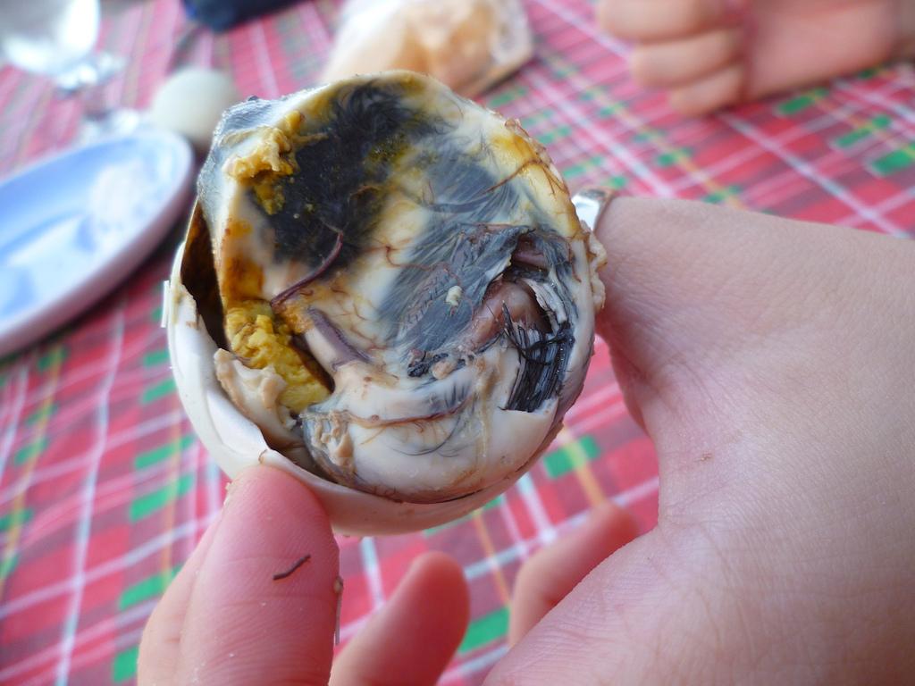 A semi-developed egg, embryo and all, counts as a snack in the Philippines