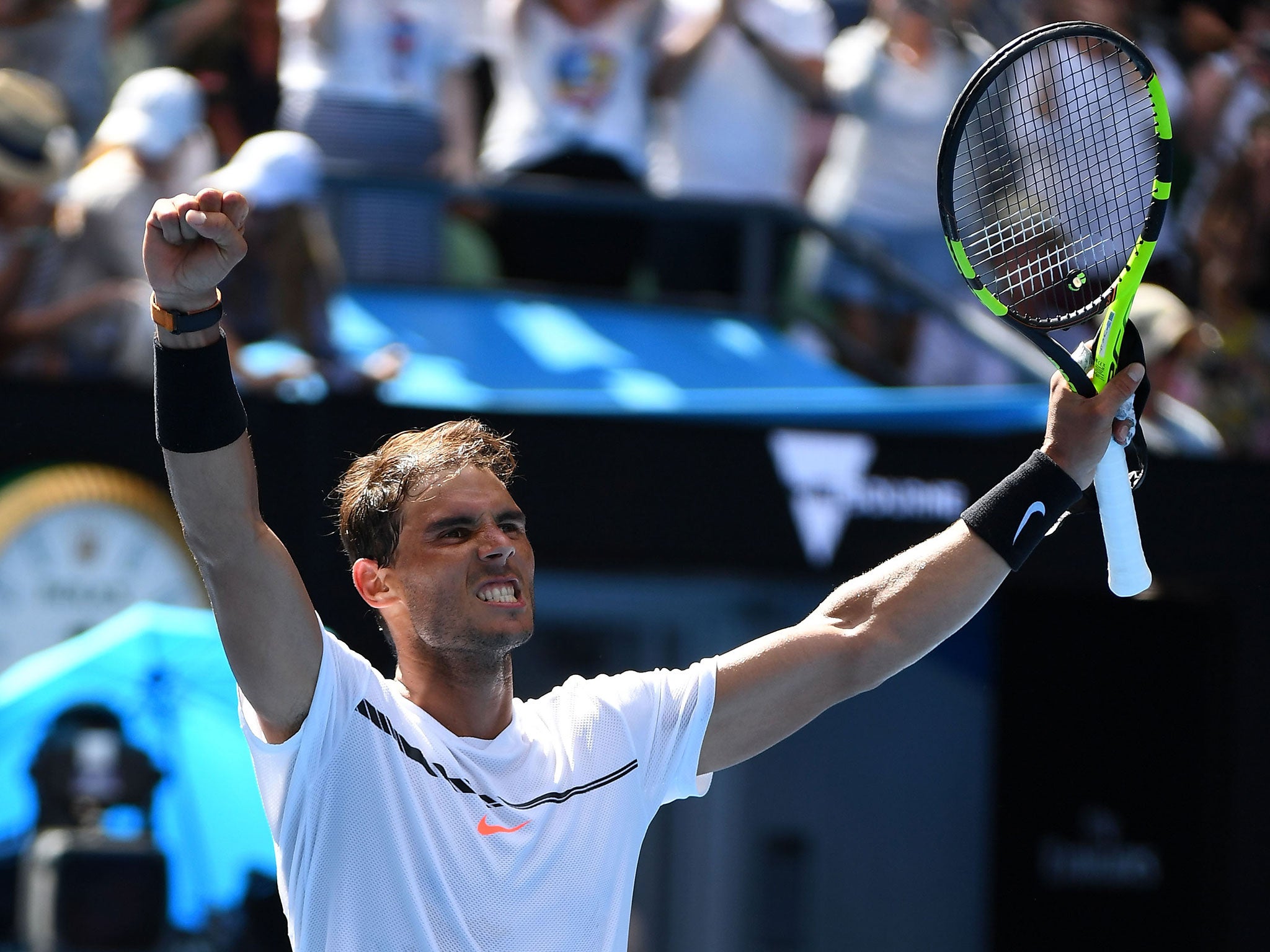 Rafael Nadal celebrates his straight-sets victory over Florian Mayer in the Australian Open first round