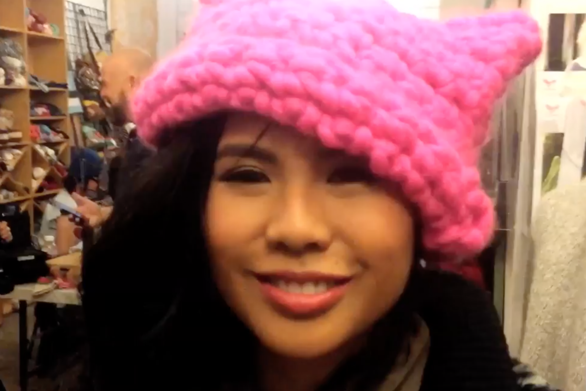 Krista Suh and friends began crafting handmade pink caps with cat ears as a reference to Donald Trump's statements about grabbing women's genitals