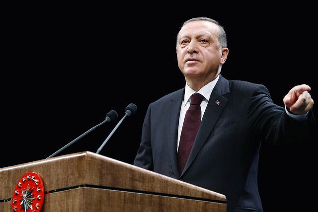 Turkey's President Tayyip Erdogan speaks during a meeting at the Presidential Palace in Ankara, Turkey