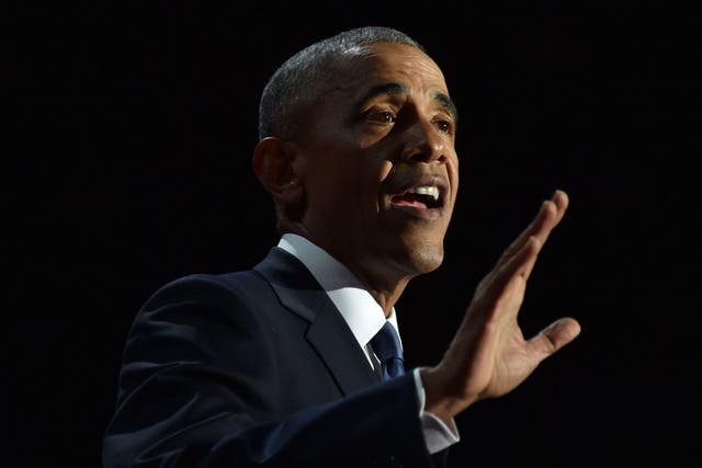 US President Barack Obama speaks during his farewell address in Chicago, Illinois on January 10, 2017. Barack Obama closes the book on his presidency, with a farewell speech in Chicago that will try to lift supporters shaken by Donald Trump's shock election.