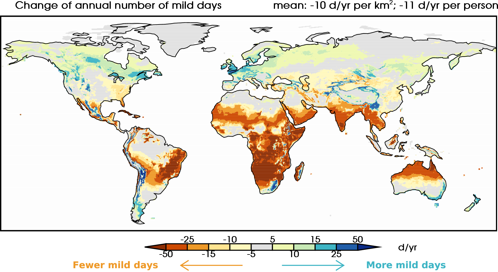 This global map shows the change in the annual number of mild days for 2081-2100 with areas of blue seeing an increase and areas of brown seeing a decline