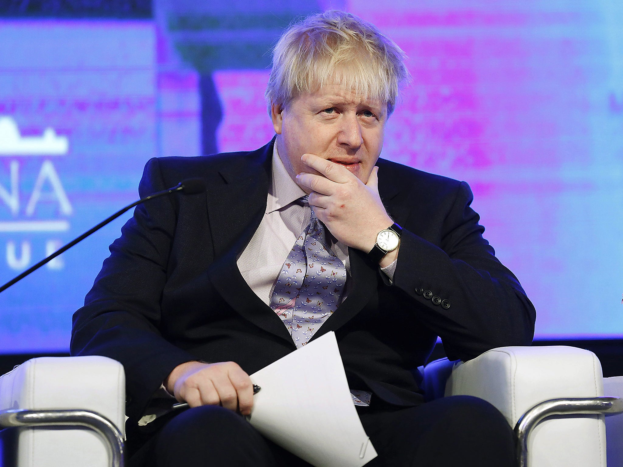 British Foreign Secretary Boris Johnson addresses the 2nd Raisina Dialogue event in New Delhi, India. Johnson is on a three-day visit to India with the aim of strengthening bilateral ties between the two countries