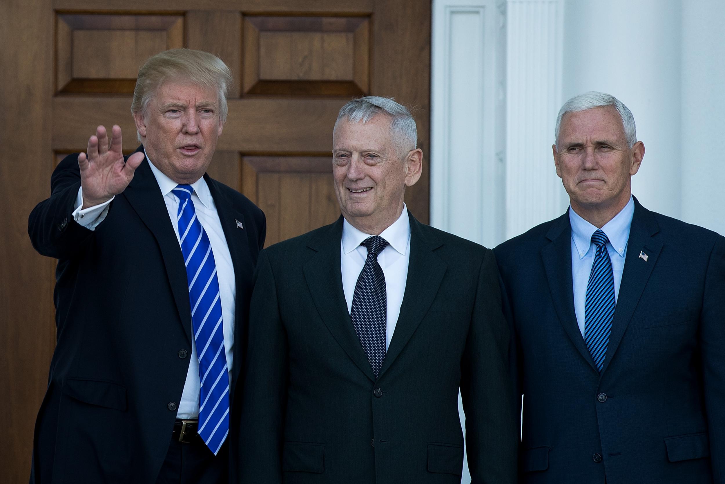 Donald Trump with Vice President-elect Mike Pence and his Defence Secretary, James Mattis
