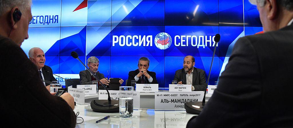 Fatah officials Azzam al-Ahmad (L), Abed al-Hafeez Nofal (C), the Palestinian ambassador to Moscow, and exiled Hamas deputy leader Mussa Abu Marzuq (R) at a press conference in Moscow on January 17, 2017