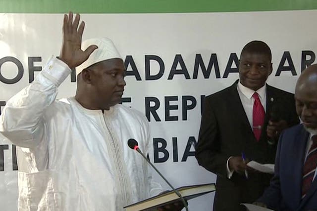 Adama Barrow is sworn in as President of Gambia at the embassy in Dakar Senegal in this image taken from TV  Thursday, 19 January 2017