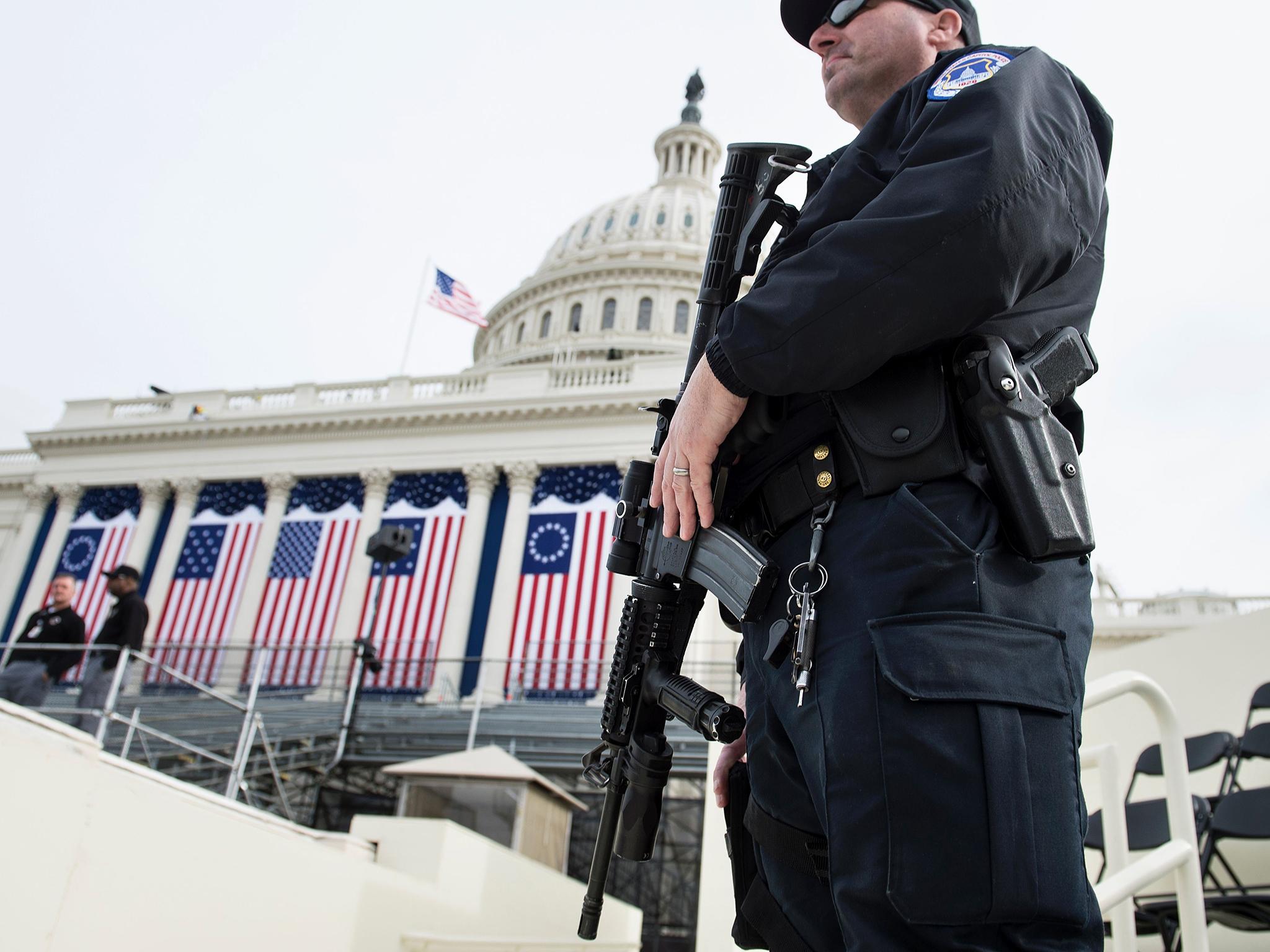 A Capitol Police Officer stands guard before tomorrow's Inauguration on Capitol Hill January 19, 2017 in Washington, DC