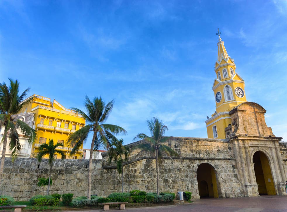 The clock tower gate in the walled old city in Cartagena, Colombia