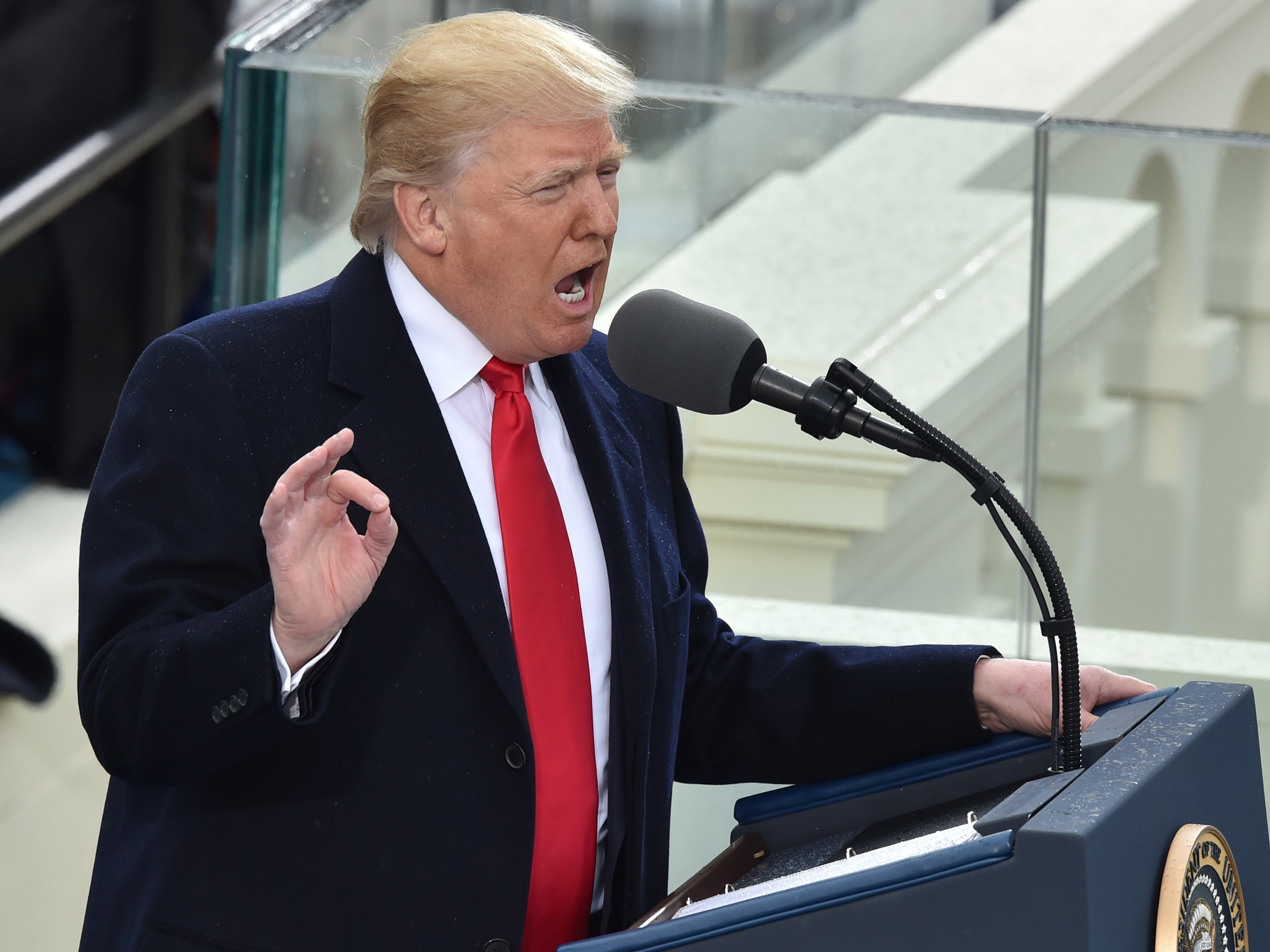 Donald Trump delivers his inauguration speech on 20 January 2017