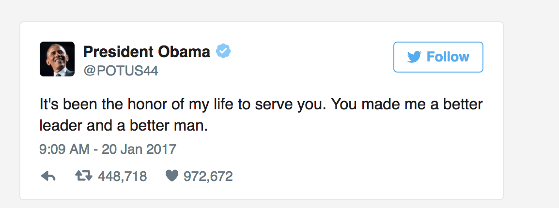 Mr Obama wrote his final tweets from the official presidential handle on Friday morning