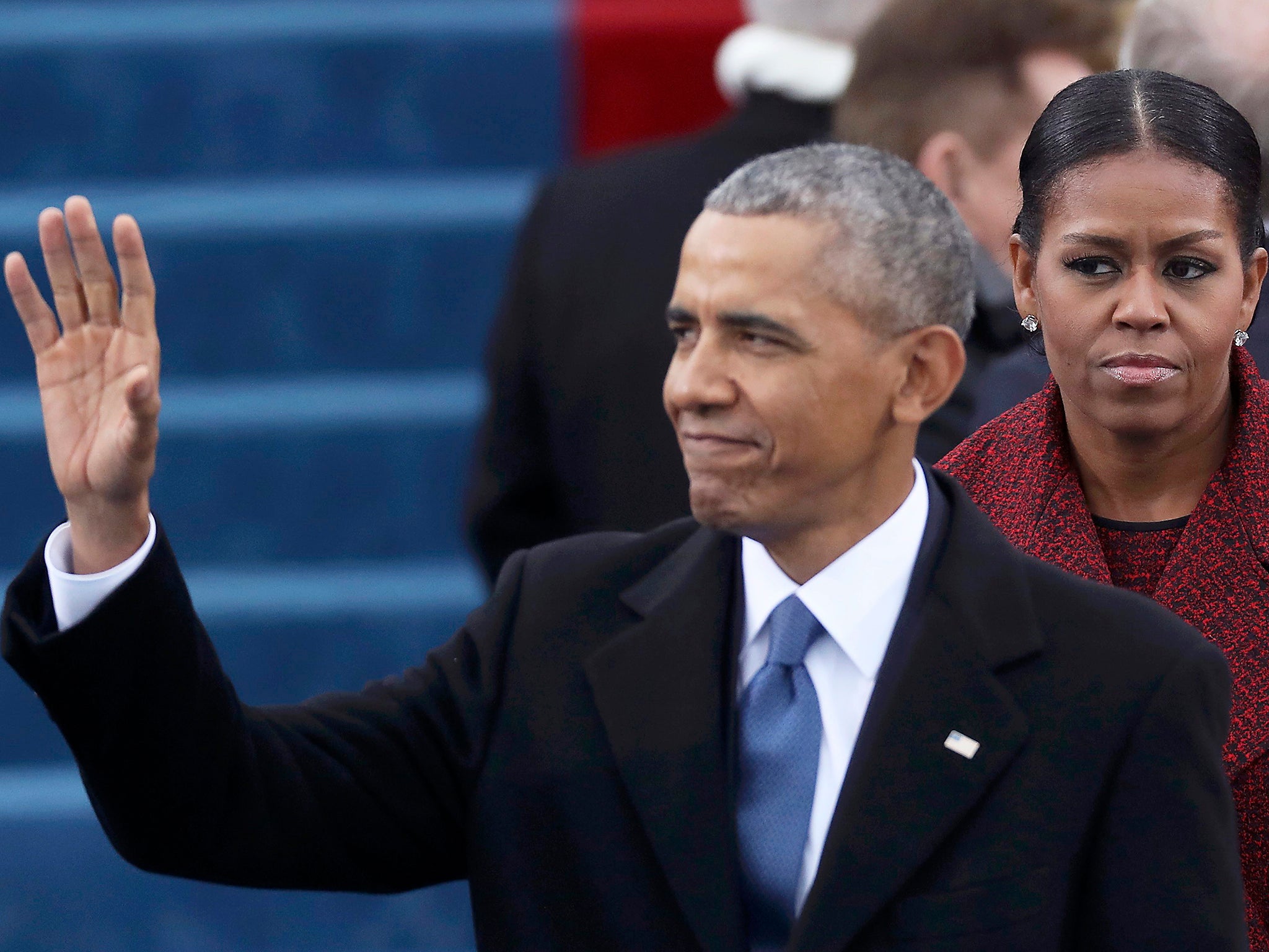 President Barack Obama and First Lady Michelle Obama look on at inauguration ceremonies swearing in Donald Trump as the 45th president of the United States on the West front of the U.S. Capitol in Washington
