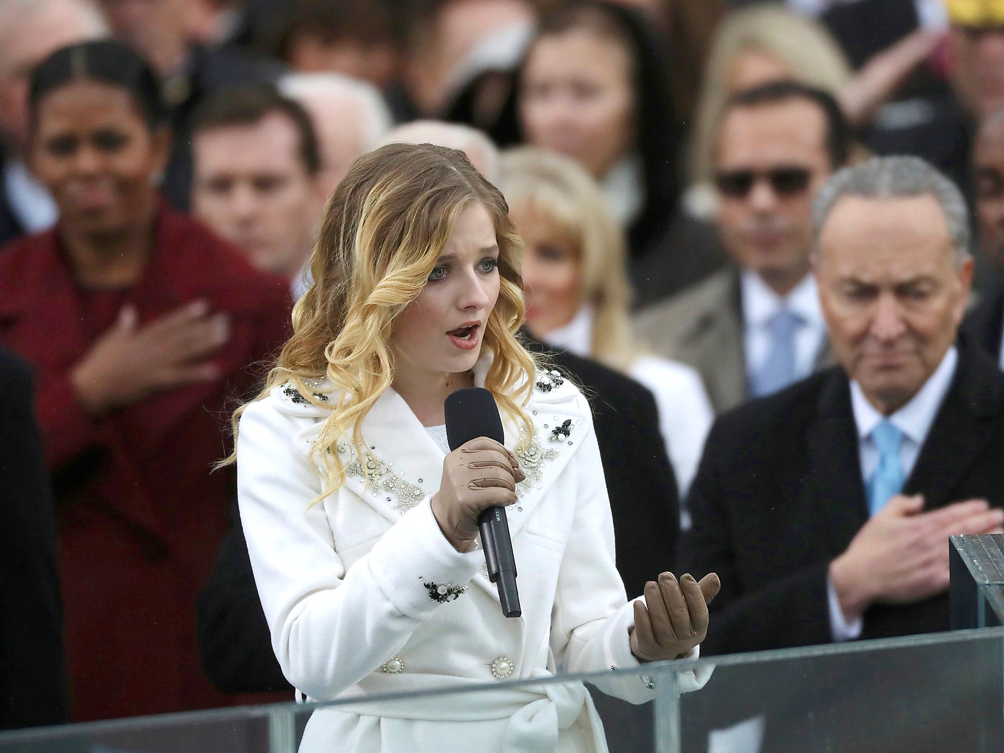 Jackie Evancho sings the U.S. National Anthem during inauguration ceremonies swearing in Donald Trump as the 45th president of the United States