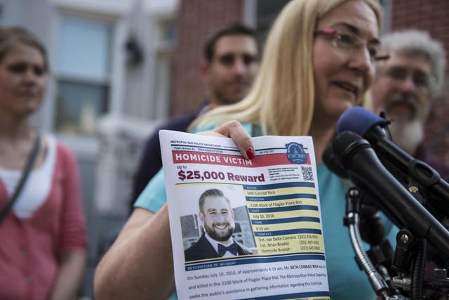 Mary Rich, the mother of slain Democratic National Convention staffer Seth Rich, gives a press conference in Bloomingdale in August 2016 following her son’s death in July 