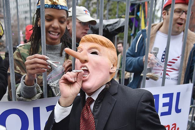 A protester with a spliff and a Donald Trump-Pinocchio mask attends a marijuana rally ahead of the President's inauguration in Washington on January 20 2017 