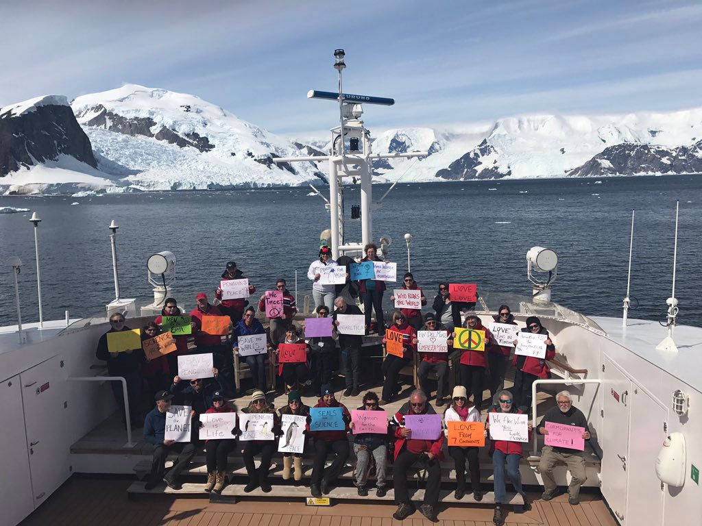 The anti-Trump protesters are preparing to march on board an expedition ship in the Antarctic
