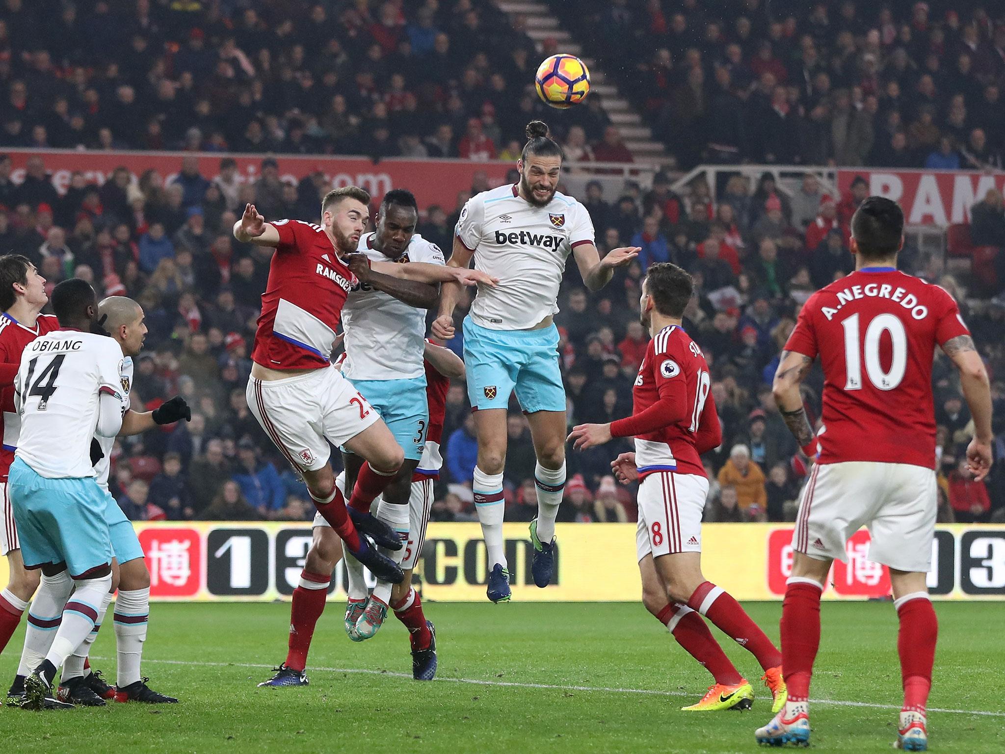 Andy Carroll heads West Ham into the lead against Middlesbrough