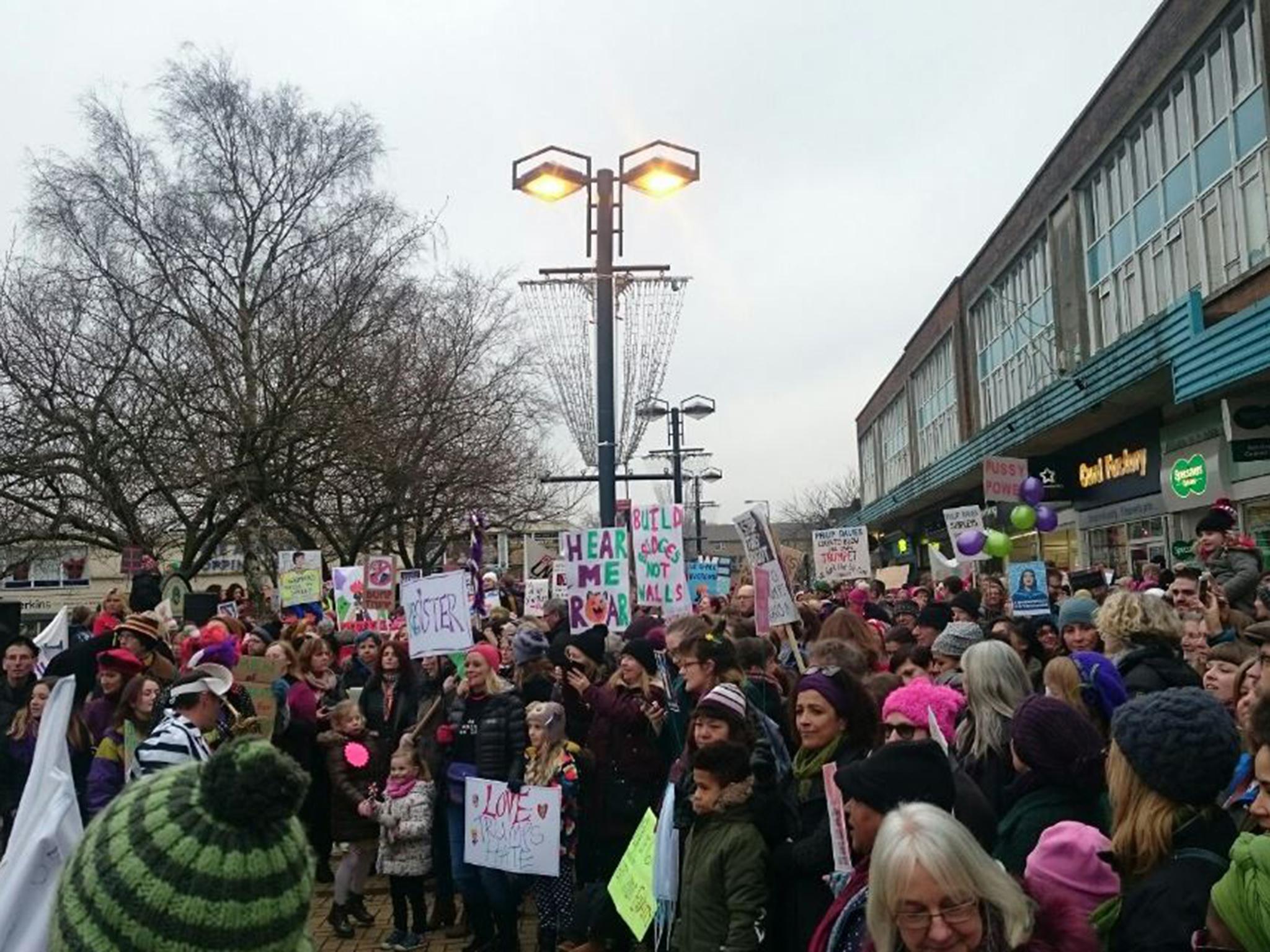 Over a thousand people gathered in Shipley in solidarity with others marching against Donald Trump