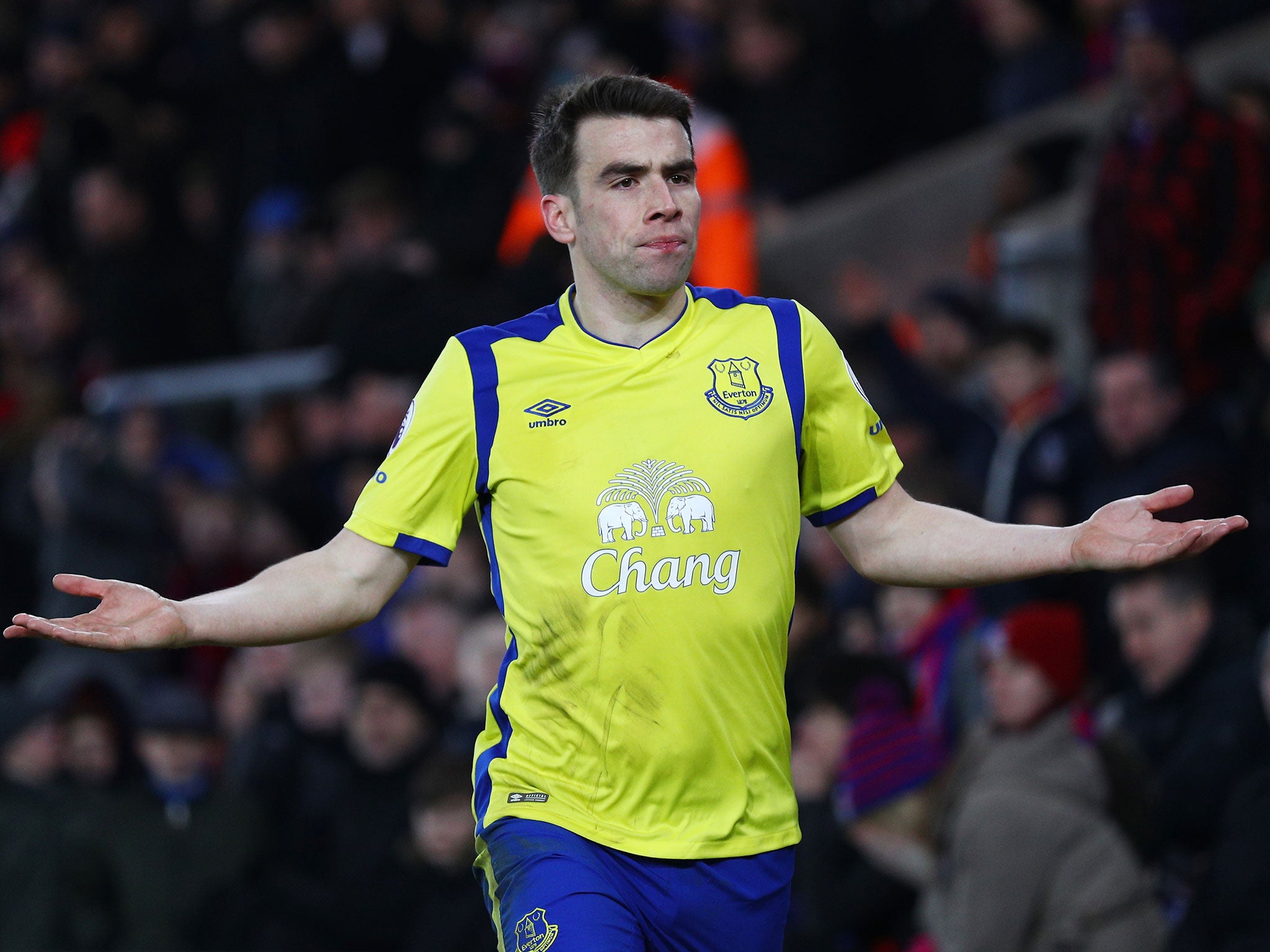 Seamus Coleman celebrates as Crystal palace fans fume with referee Anthony Taylor