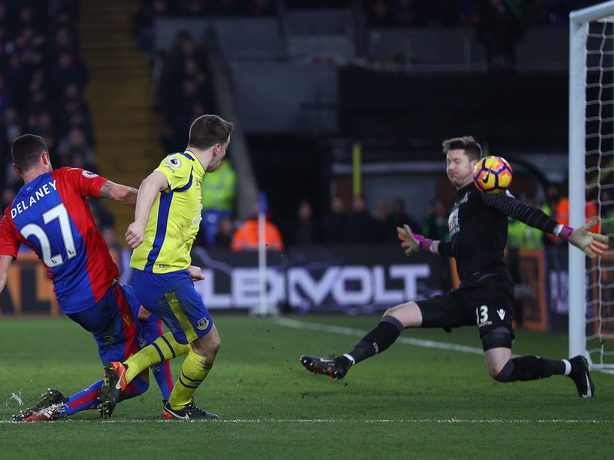 Coleman fires the ball past Wayne Hennessey to secure Everton a 1-0 victory