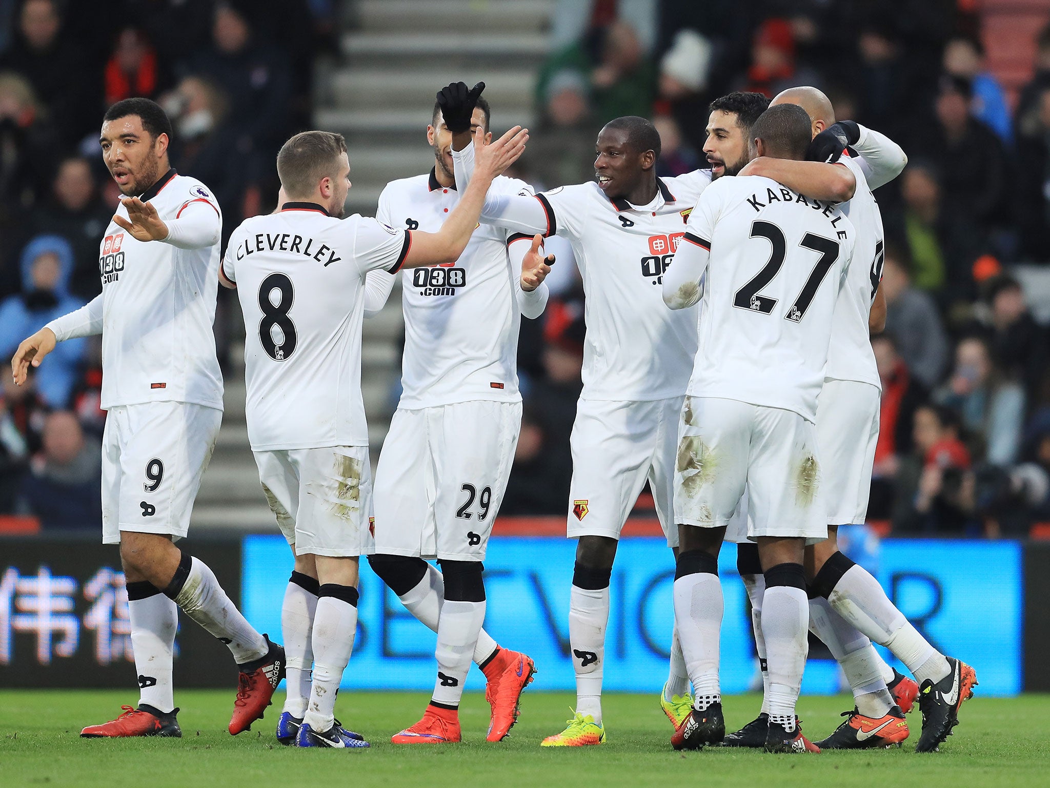 Watford celebrate after Christian Kabasele gave them the lead