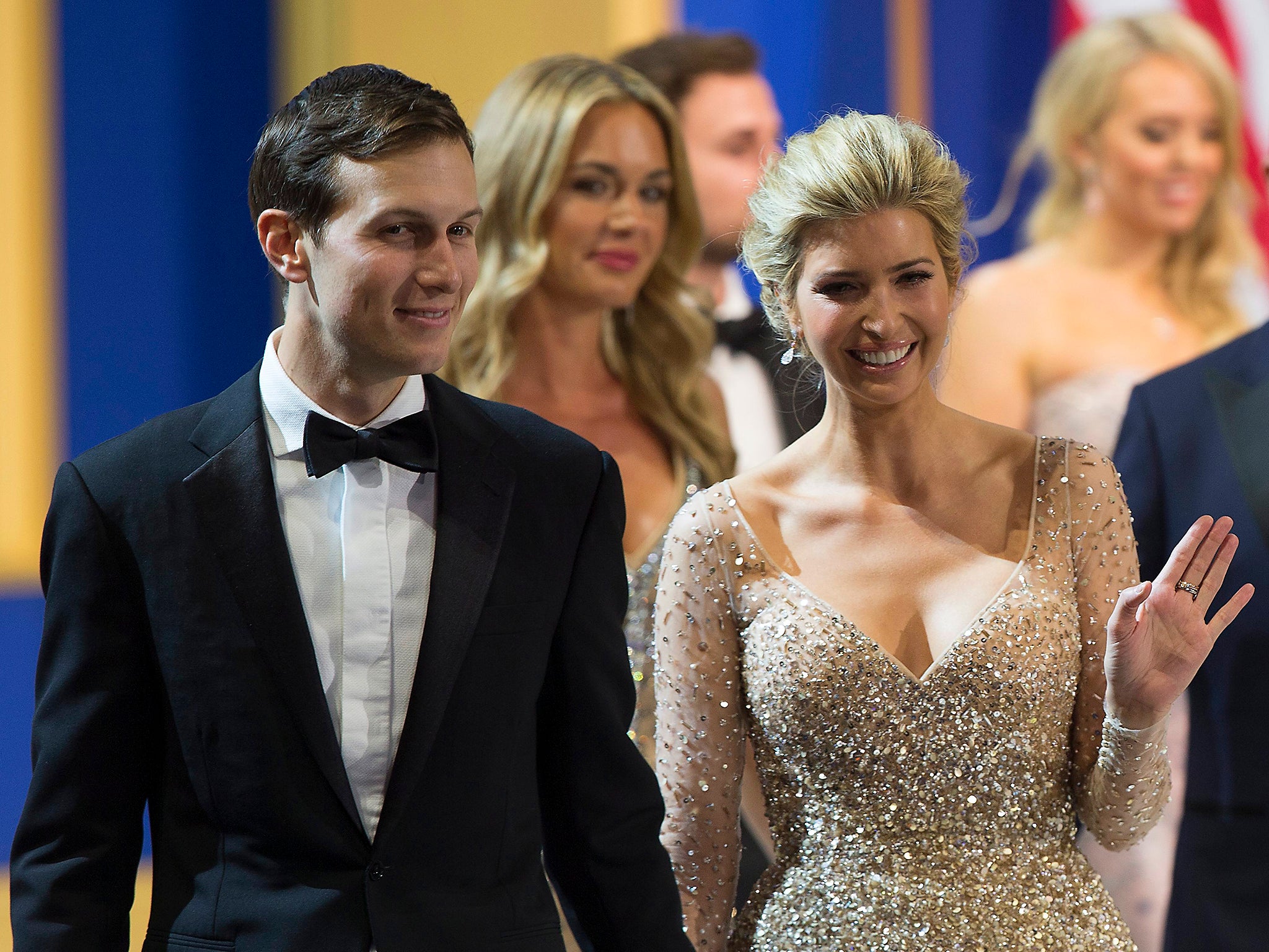 Ivanka Trump and her husband Jared Kushner at a presidential inauguration ball. Hours later Jared's brother Joshua was "observing" the anti-Donald Trump Women's March