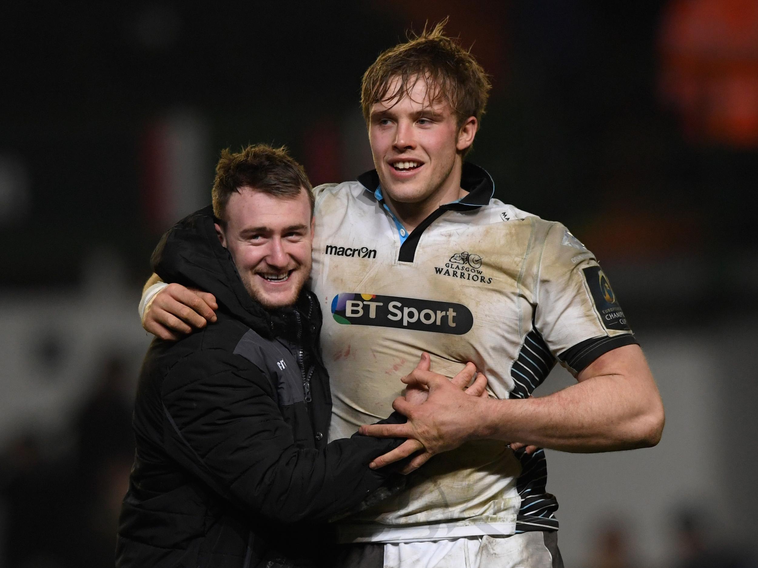 Stuart Hogg celebrates qualification with Jonny Gray after the game