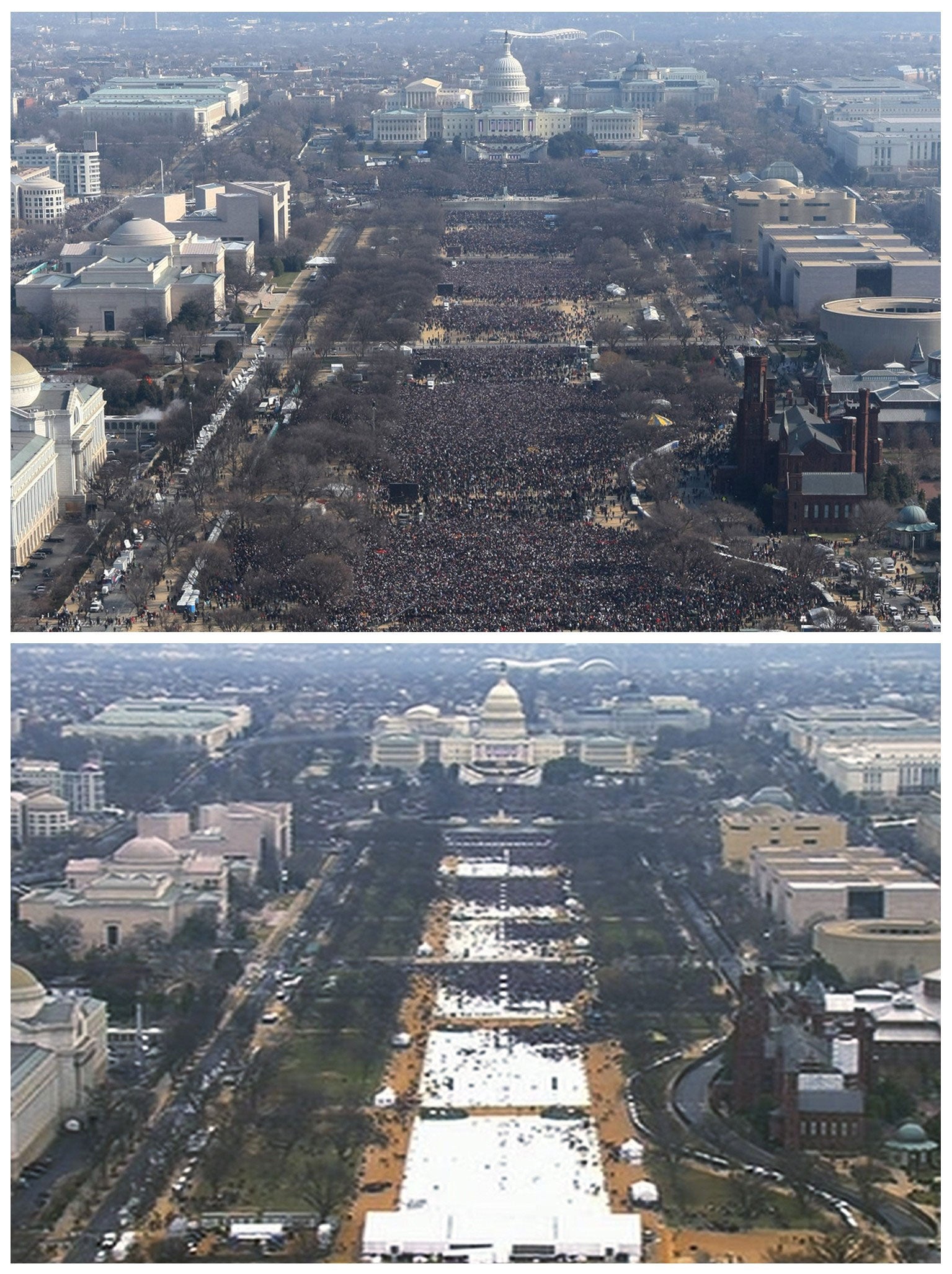 This pair of photos shows a view of the crowd on the National Mall at the inaugurations of President Barack Obama, above, on January 20, 2009, and President Donald Trump, below, on January 20, 2017. The photo above and the screengrab from video below were both shot shortly before noon from the top of the Washington Monument