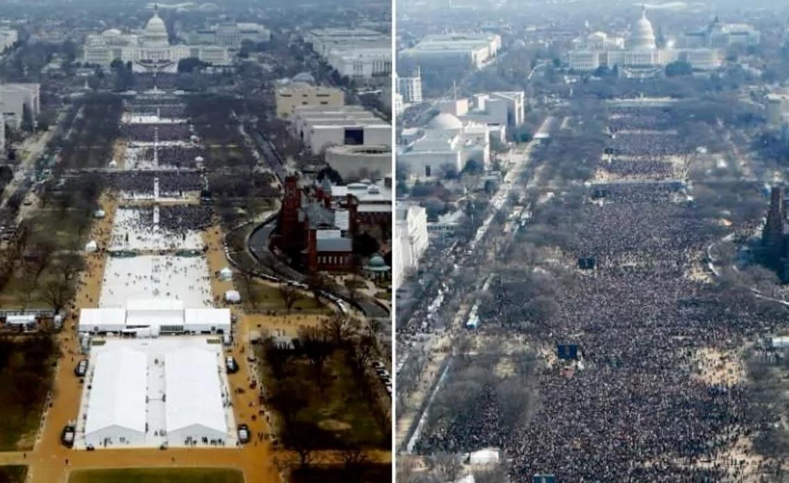 The scene of Donald Trump's inauguration as US President on January 20 2017 (L) and Barack Obama's first swearing in ceremony in 2009 (Composite Reuters (L) Getty Images (R))