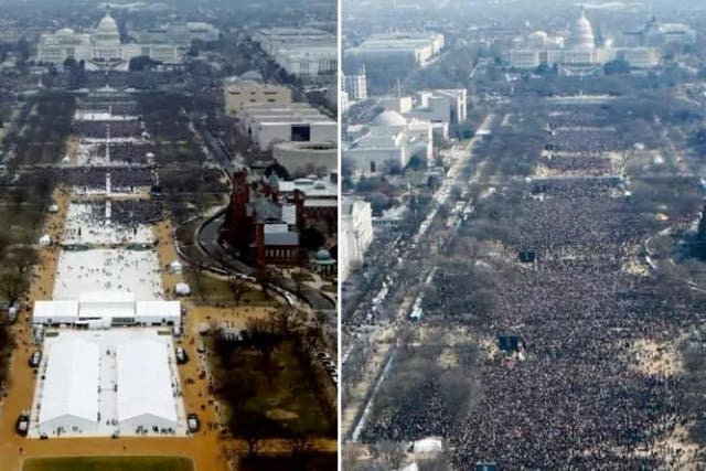 The scene of Donald Trump's inauguration as US President on January 20 2017 (L) and Barack Obama's first swearing in ceremony in 2009