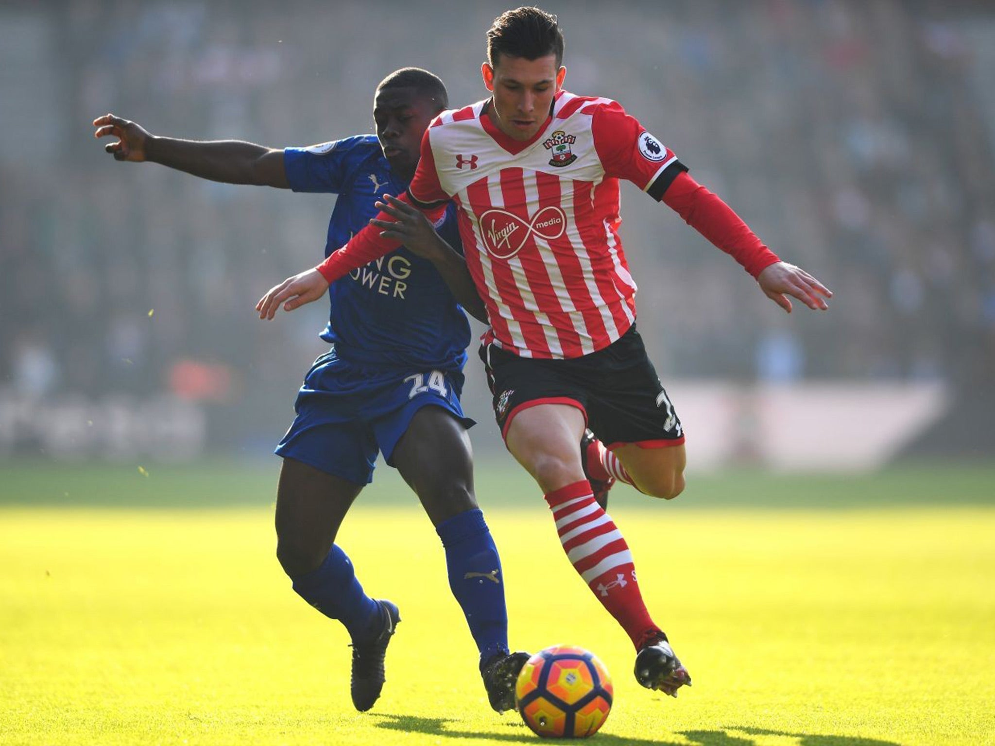 Nampalys Mendy and Pierre-Emile Hojbjerg battle for the ball at St Mary's