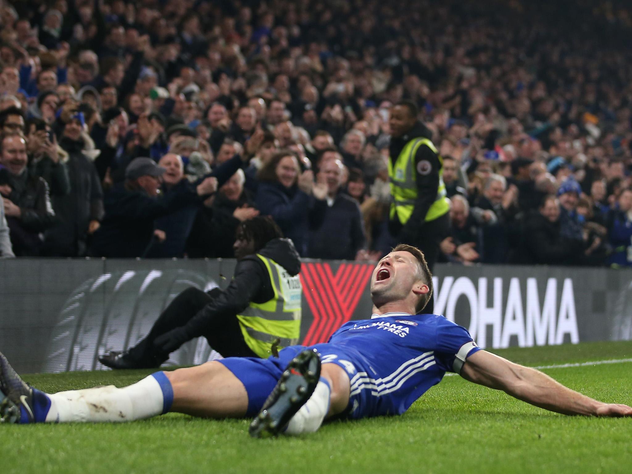 Gary Cahill celebrates after scoring Chelsea's second