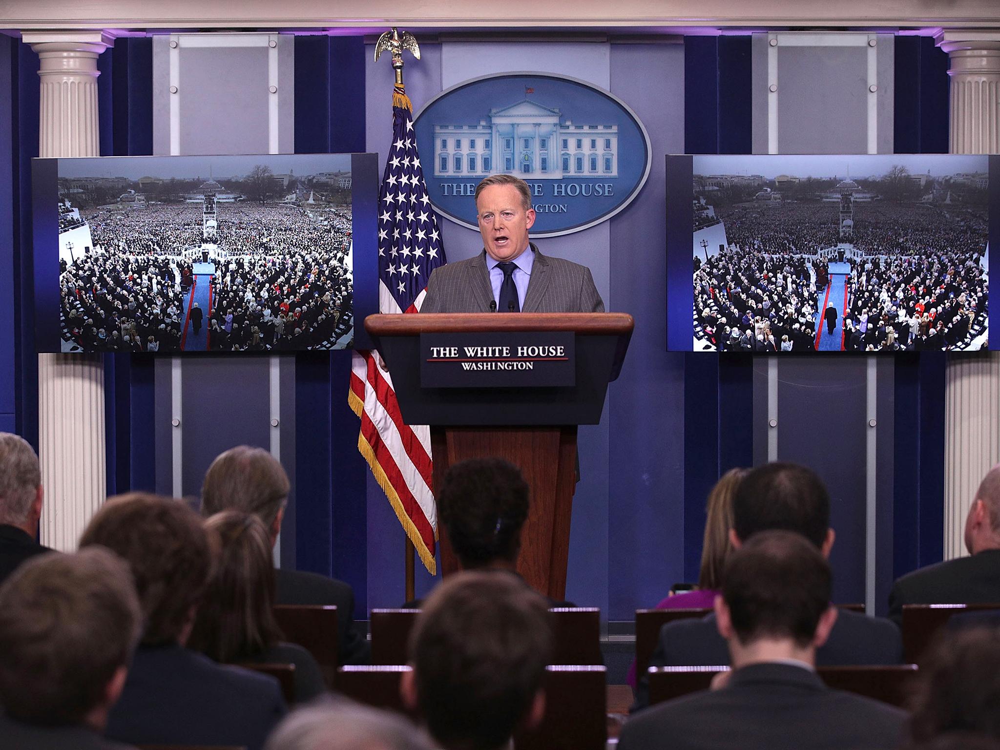 Sean Spicer's first press conference as Press Secretary where he spoke about the media's reporting on the inauguration's crowd size
