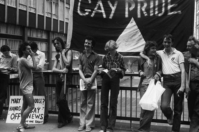  Members of the Gay Liberation Movement protesting outside the Old Bailey over Mary Whitehouse's court action against the Gay News Magazine on 4 July 1977 