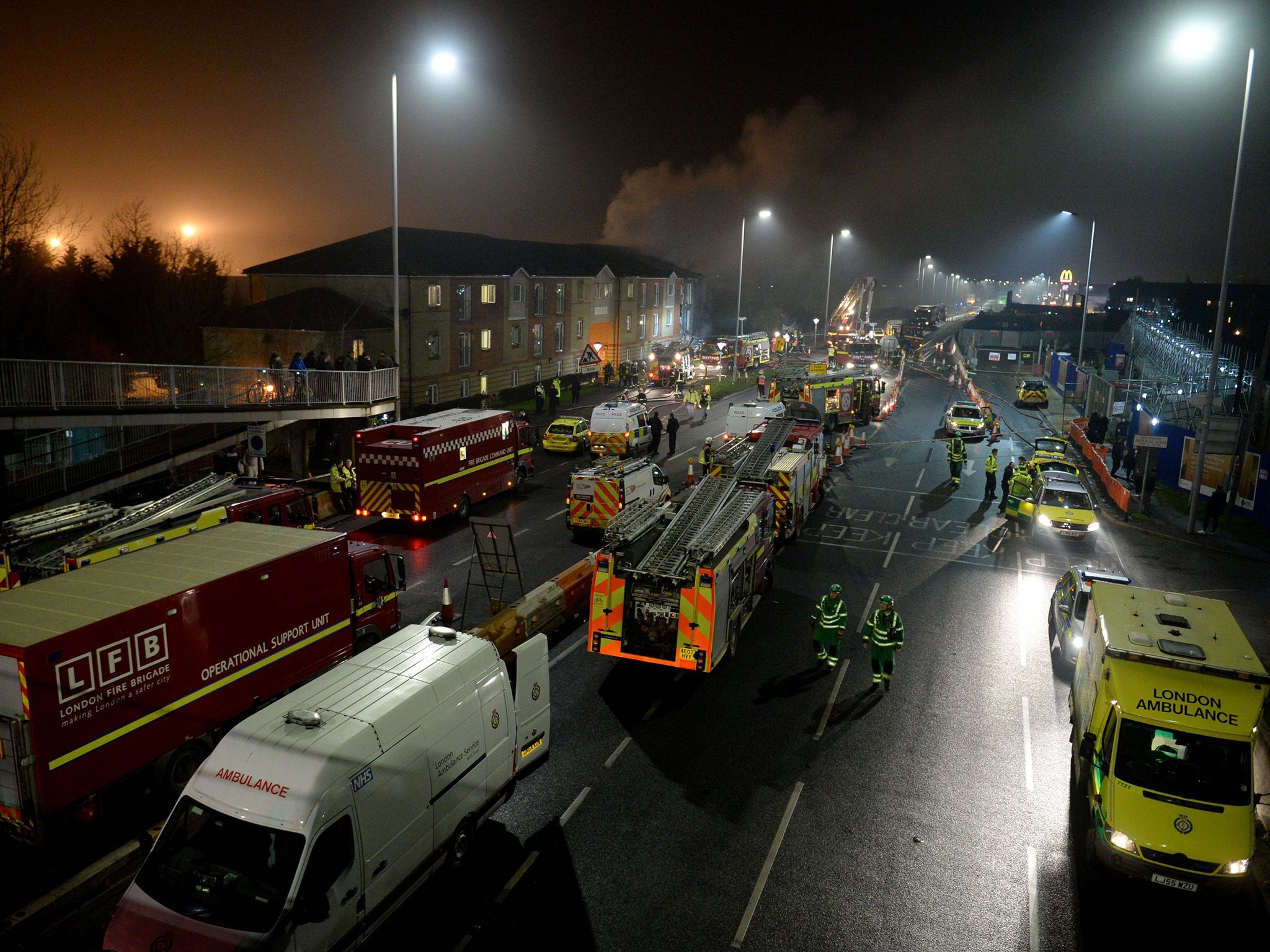 Emergency services at the scene of an explosion at the Bridge Point building in Hornchurch