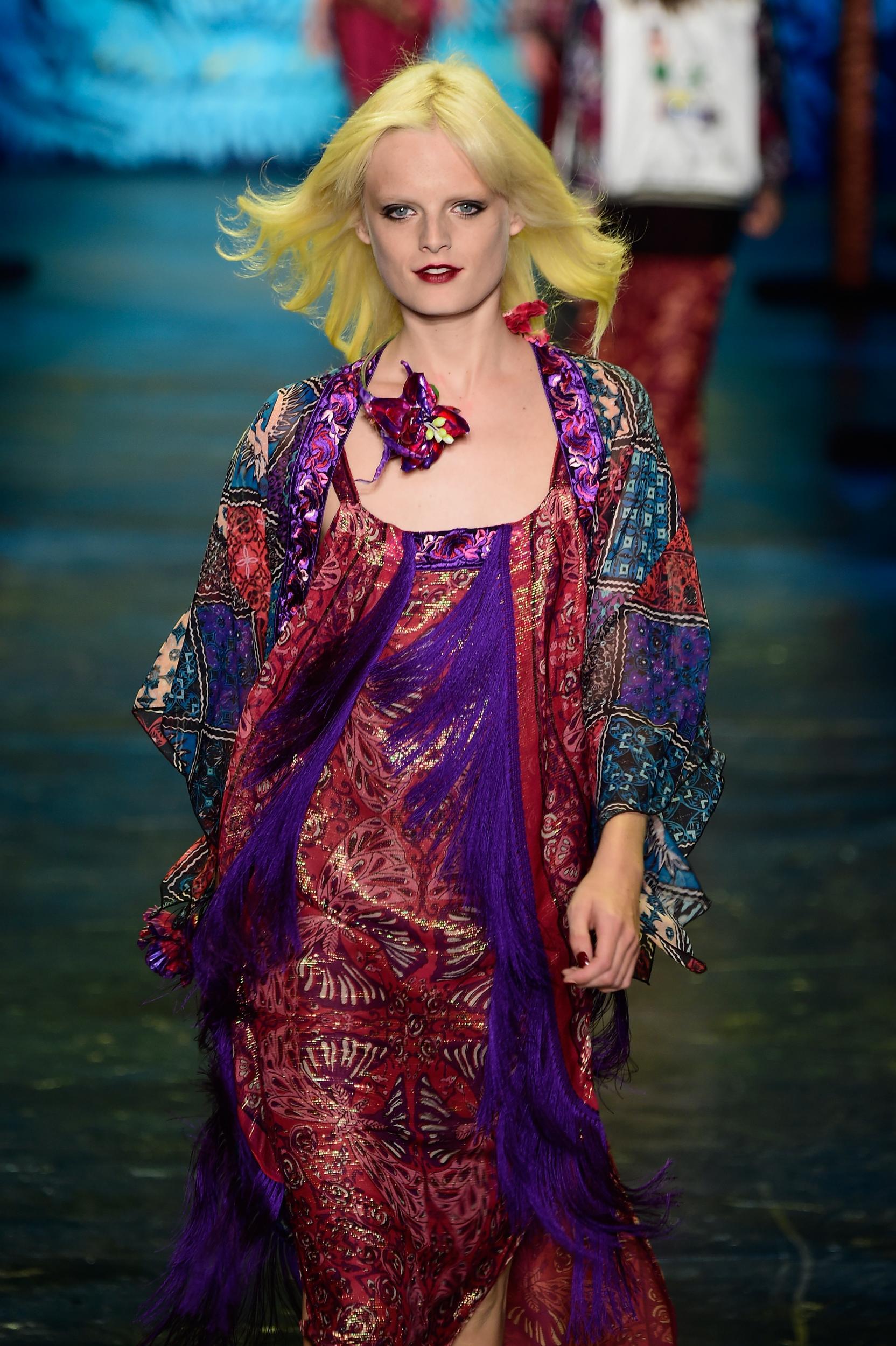 Odiele walks the Anna Sui Spring 2016 runway at New York Fashion Week