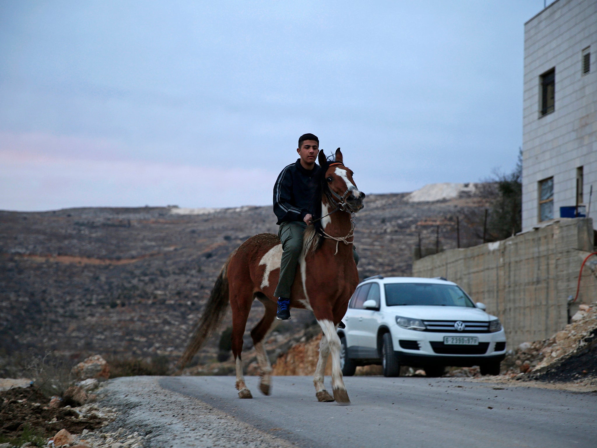 Palestinian Hamza Hamad,16, rides his horse at his home, in the village of Silwad, east of the West Bank city of Ramallah