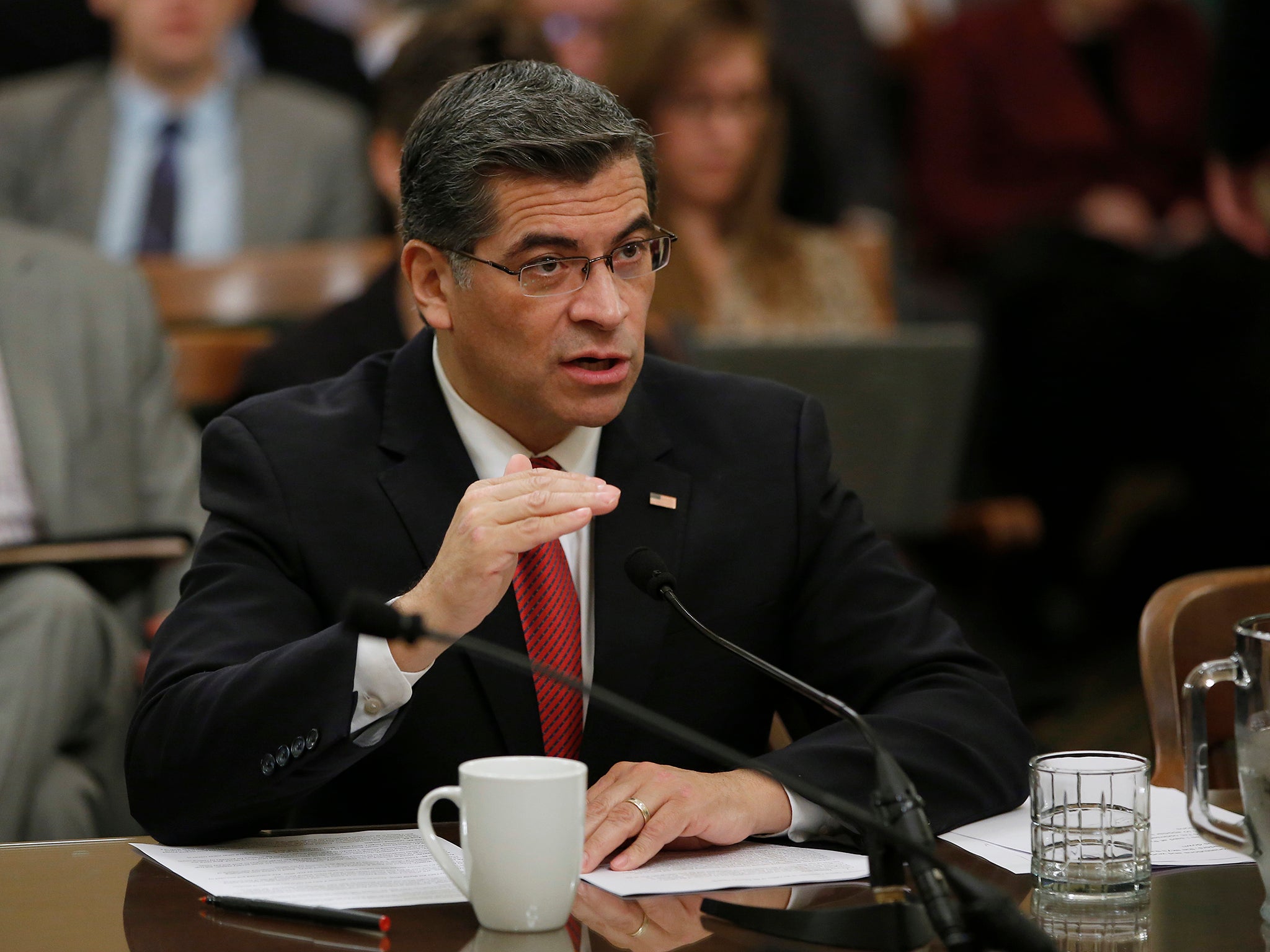 Representative Xavier Becerra responds to a lawmaker’s question during during his confirmation hearing before the Assembly Special Committee on the Office of the Attorney General in Sacramento, California