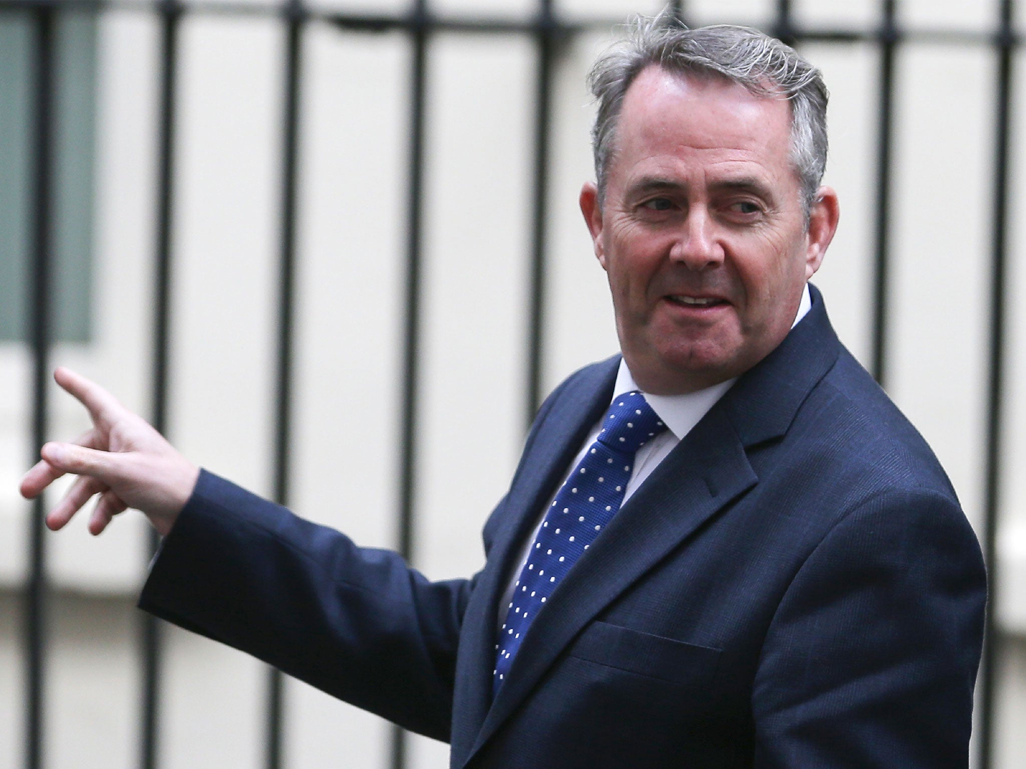 International Trade Secretary Liam Fox walks through Downing Street