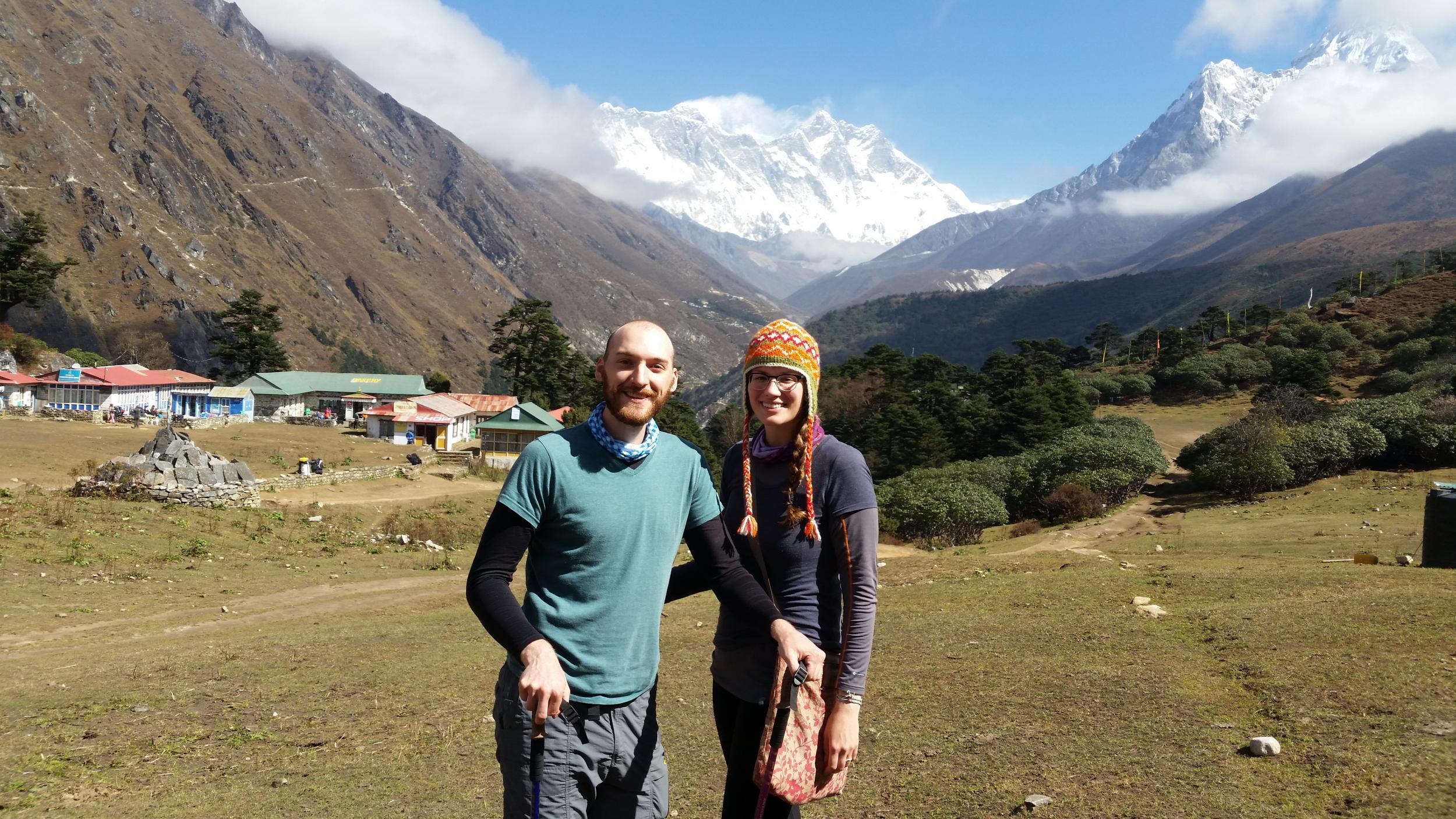 Seth Nelson, Jennifer Hocevar and his walking poles prepare to bid farewell to Tengboche