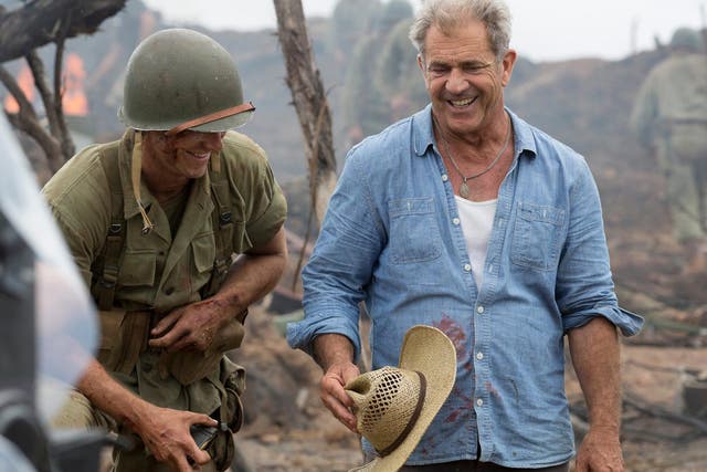 Director Mel Gibson on the set of his film 'Hacksaw Ridge'