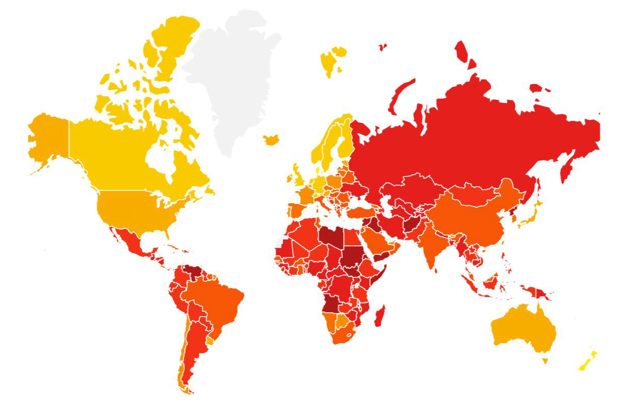 The most corrupt countries are dark red, the least corrupt in yellow