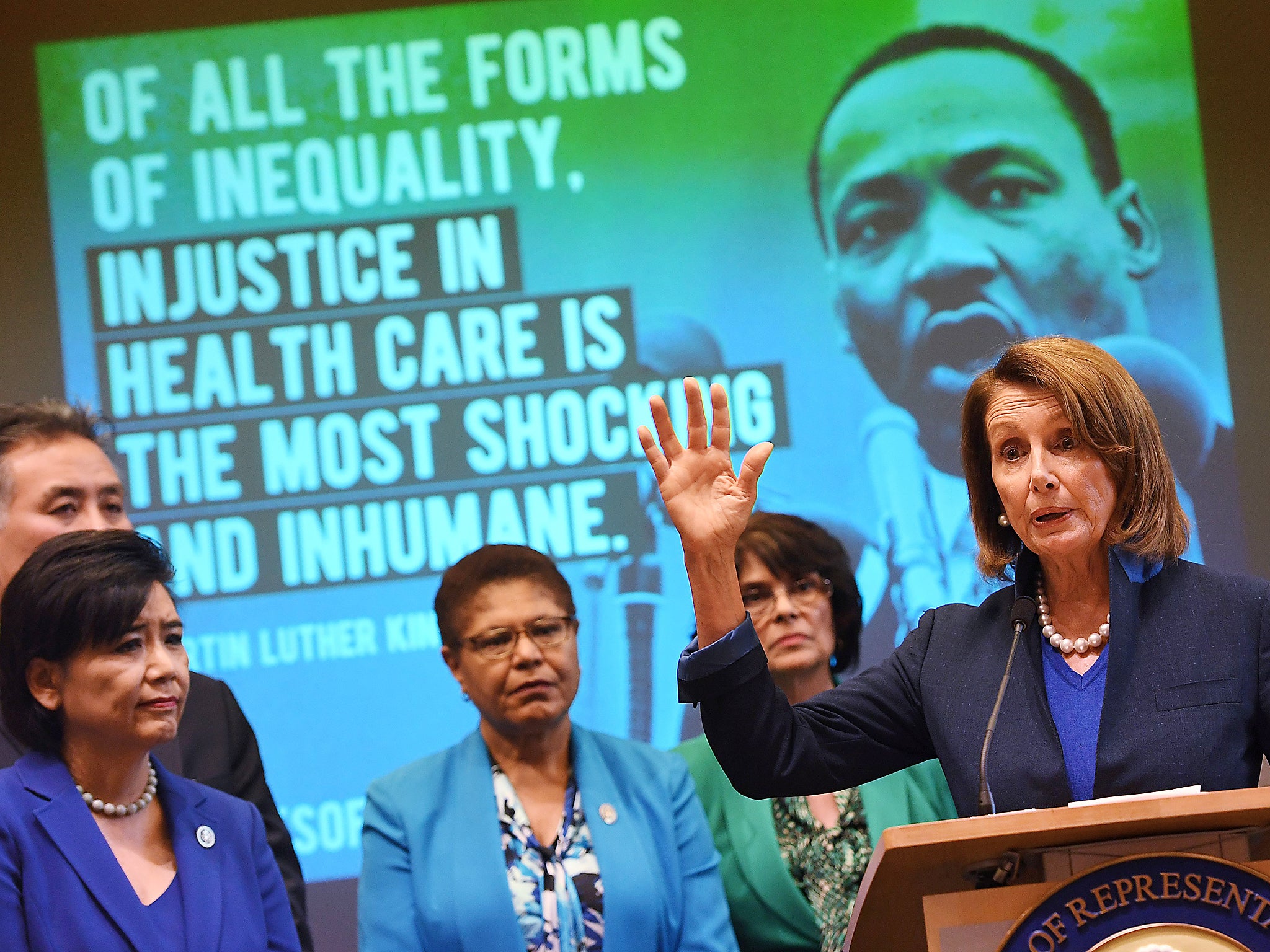 Nancy Pelosi who is the minority leader of the House of Representatives speaks beside House Democrats at an event to protect the Affordable Care Act in Los Angeles, California. The Republican-led US Senate has launched their much-anticipated effort to repeal the Affordable Care Act by passing a budget blueprint which would allow them to begin rolling back the health care reforms