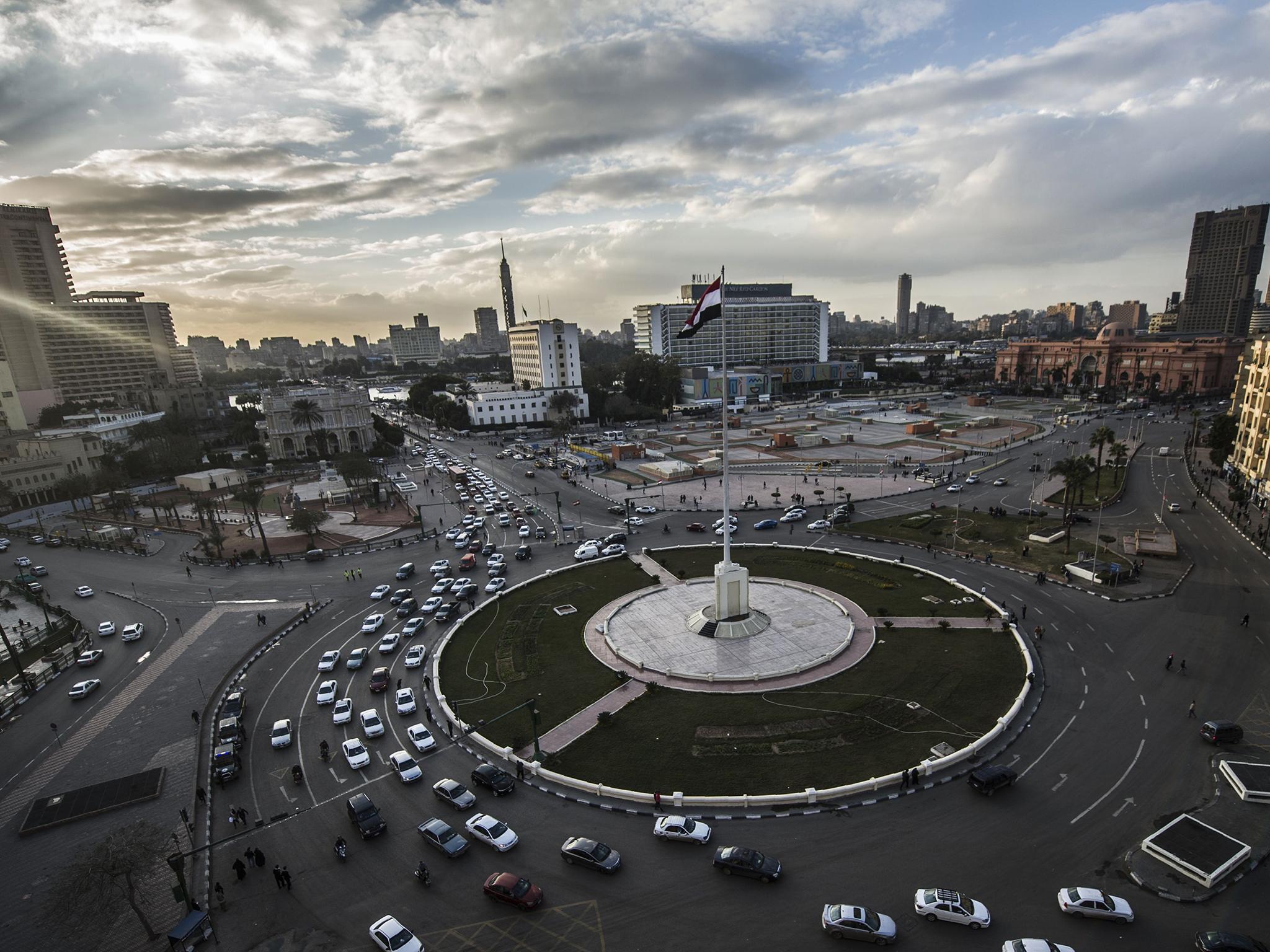 An Egyptian national flag flutters over Tahrir Square on 24?January, 2016, on the eve of the anniversary of the 2011 uprising