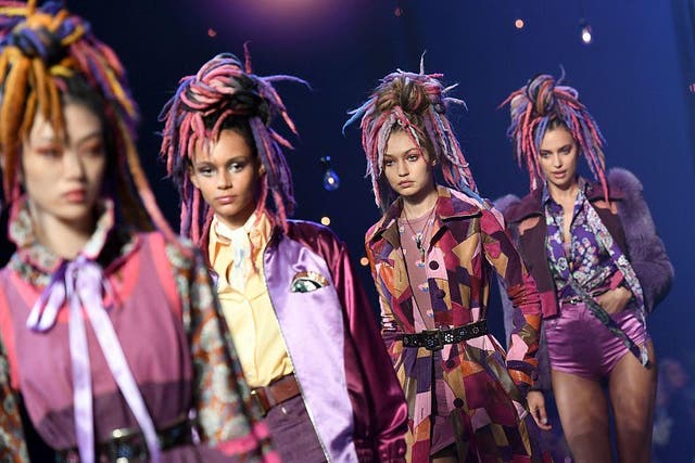 Model Gigi Hadid (2nd R) displays the fashion of Marc Jacobs at the Spring/Summer 2017 runway show 