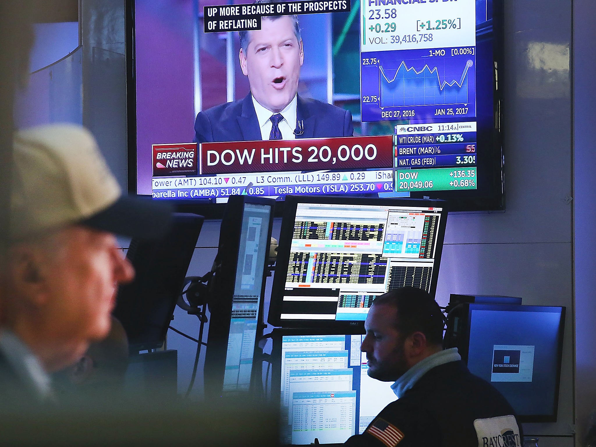 Traders work on the floor of the New York Stock Exchange (NYSE) in late morning trading after the Dow Jones industrial average crossed the 20,000 mark for the first time in New York City. Solid earnings from major companies, including Boeing, led the morning rally