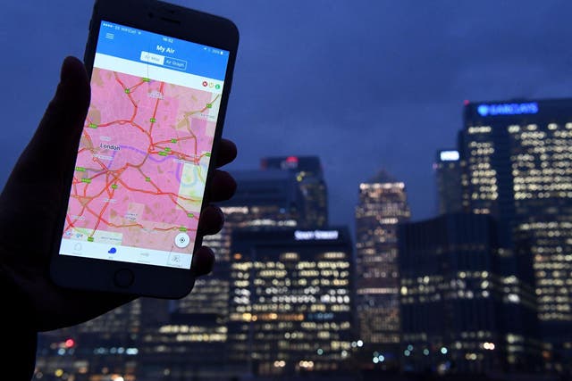 Air quality trackling app CleanSpace shows wide areas of the highest indicator of pollution across London