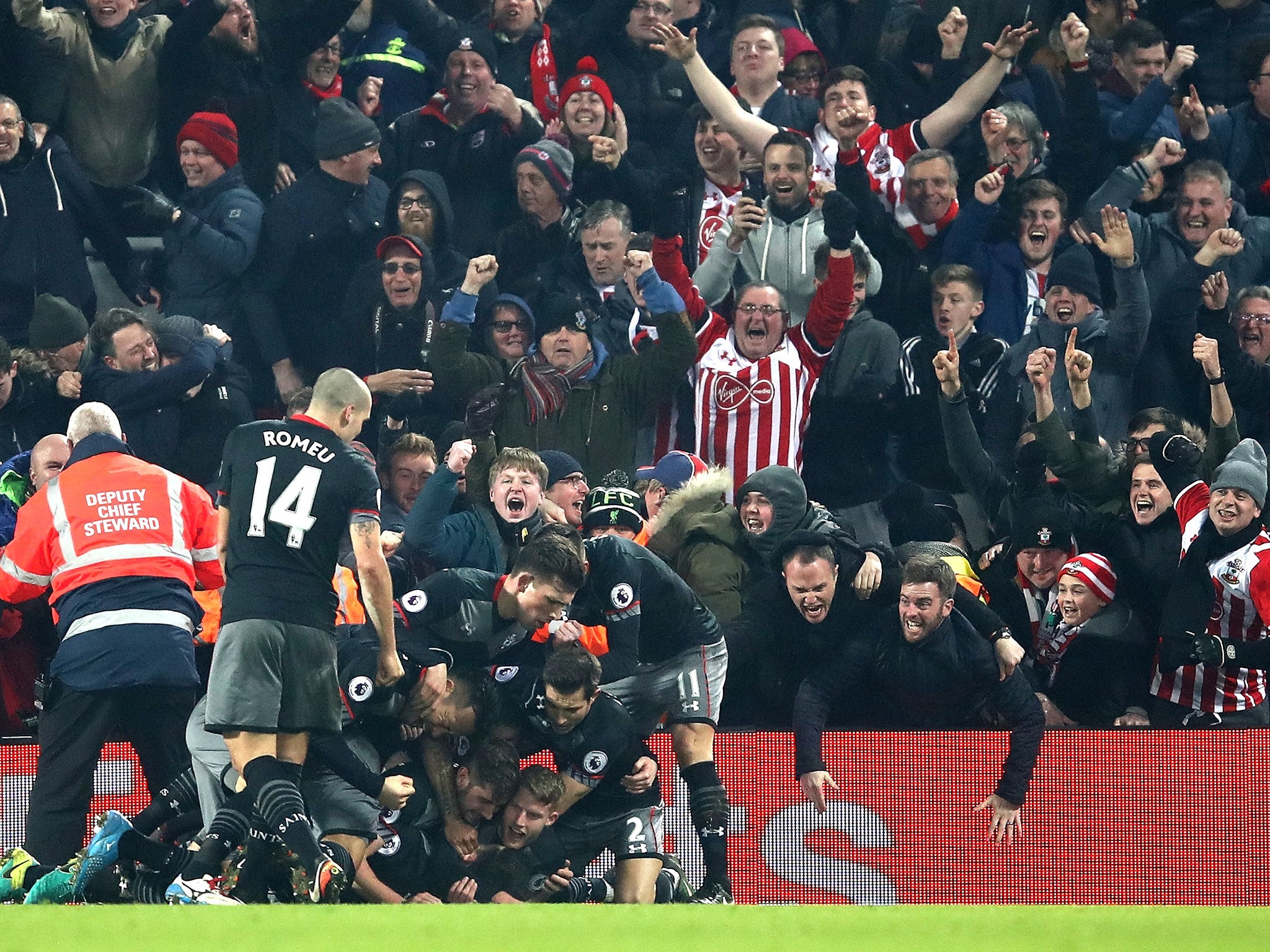There was delirium in the away end when Shane Long struck late to seal Southampton's place in the final