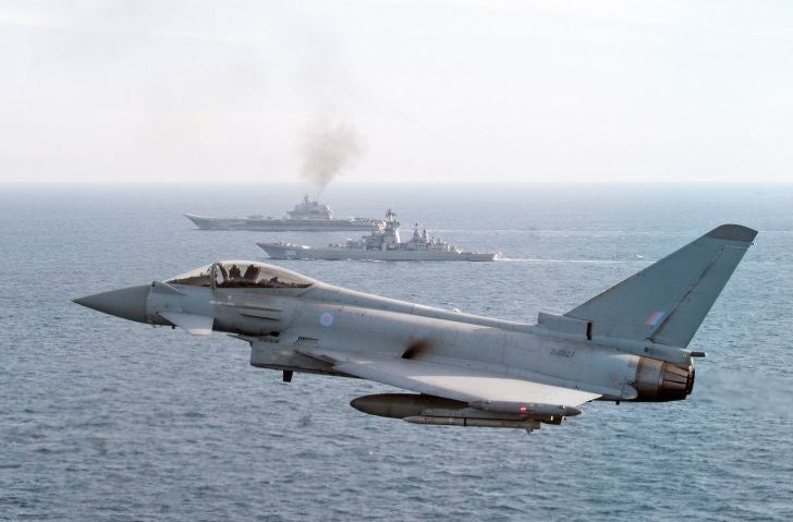 An RAF Typhoon shadows Russian navy vessels as they pass through the English Channel