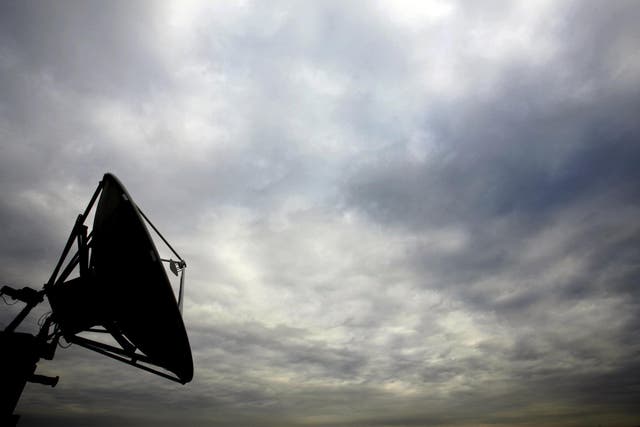 A satellite dish is pictured on the roof of the European Broadcast Union